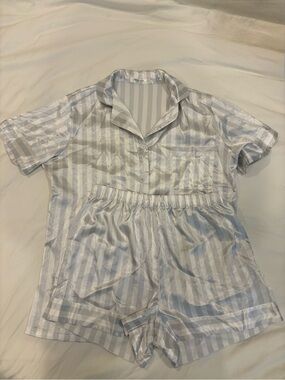 Striped Satin Short Pajama Set in Gray and White